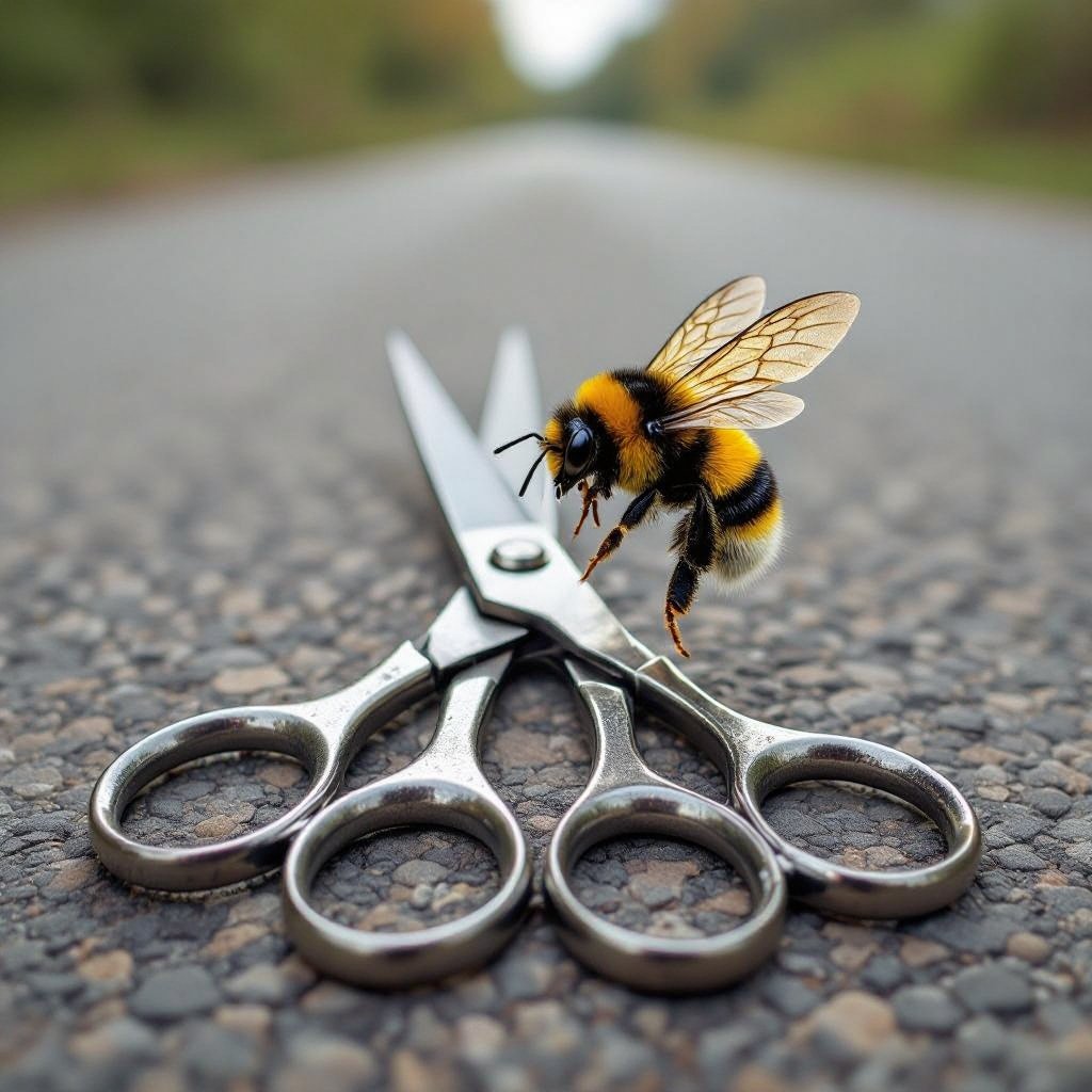 A bumblebee in scissors flying above a road