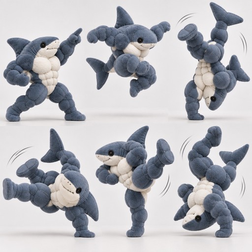 Pixelated blue-gray sharks dance in various poses on a white background.