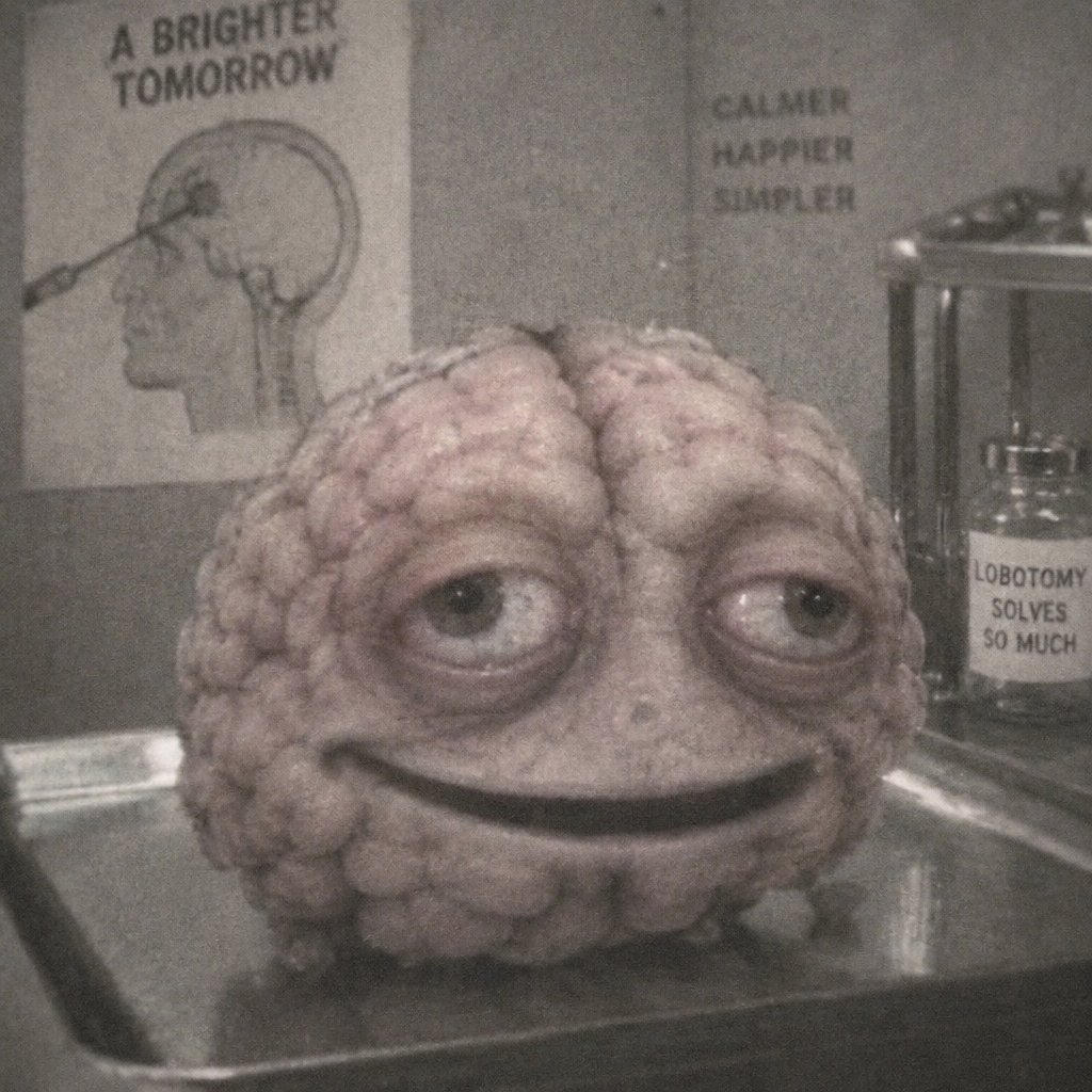 Pink brain character smiling in a sink beside a poster and laboratory container
