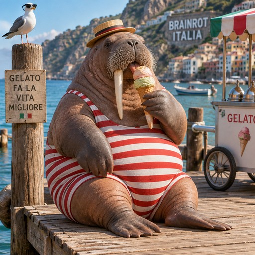 Cartoon walrus eating gelato by an Italian seaside stand, labeled “Brainrot Italia”