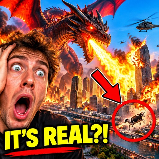 Dramatic meme collage of a person, fiery dragon, city, helicopter, and red arrow