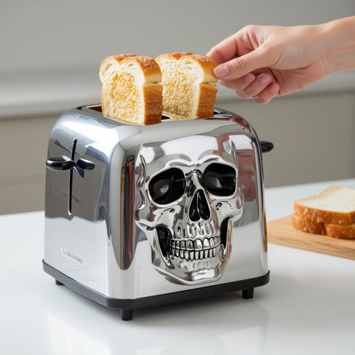 Caveira torradeira, pão saindo da caveira