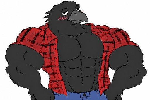 Cartoon muscular crow-person wearing a red plaid shirt and blue pants.