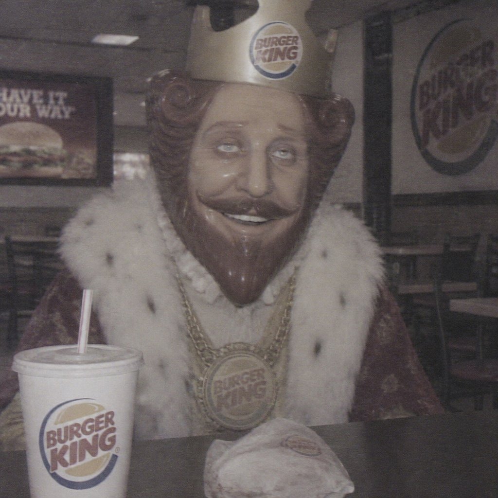 Grayscale Burger King mascot sitting indoors in a fur-trimmed costume with a drink and burger.
