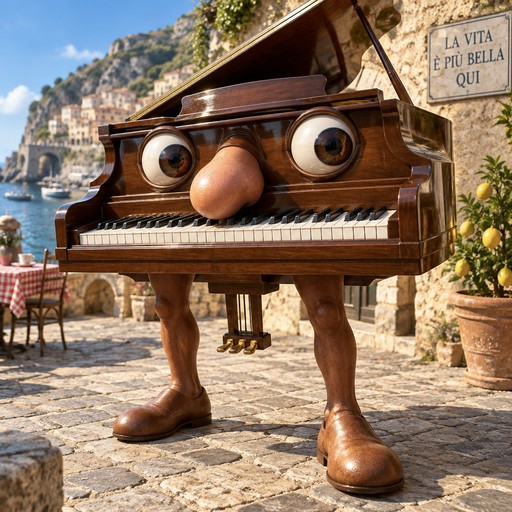 Surreal cartoon grand piano with googly eyes and legs on a sunny seaside patio