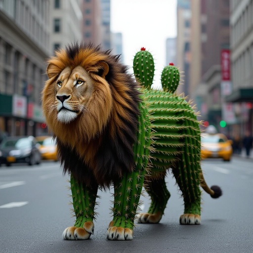 Lion with cactus body in city