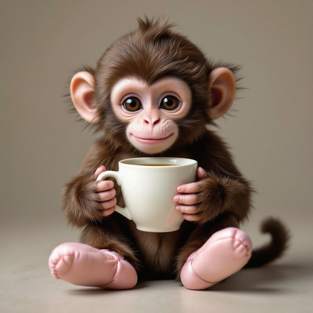 Monkey with a coffee cup body and ballerina shoes
