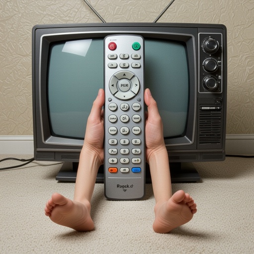 Um controle de televisão com pernas e braços humanos realista, triste