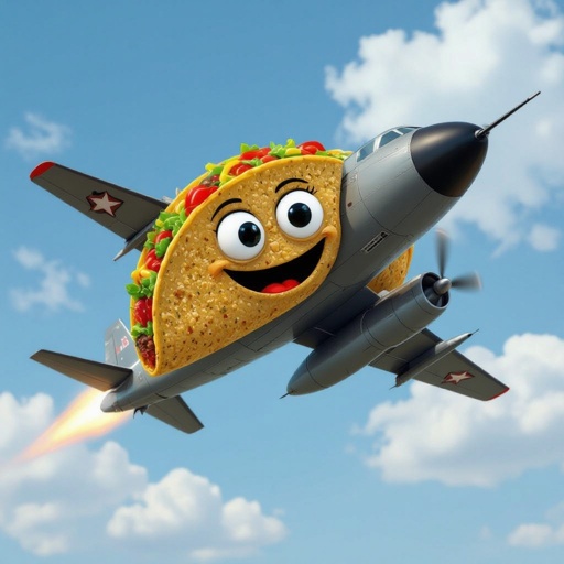 Taco 2 black eye black mouth with bomber plane body in sky