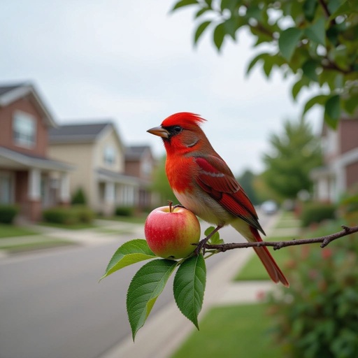 A bird mixed with a apple in a neighborhood