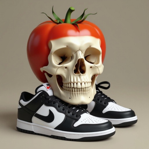 Uma caveira com cabeça de tomate, com corpo de osso e com tênis da Nike. Bem realista