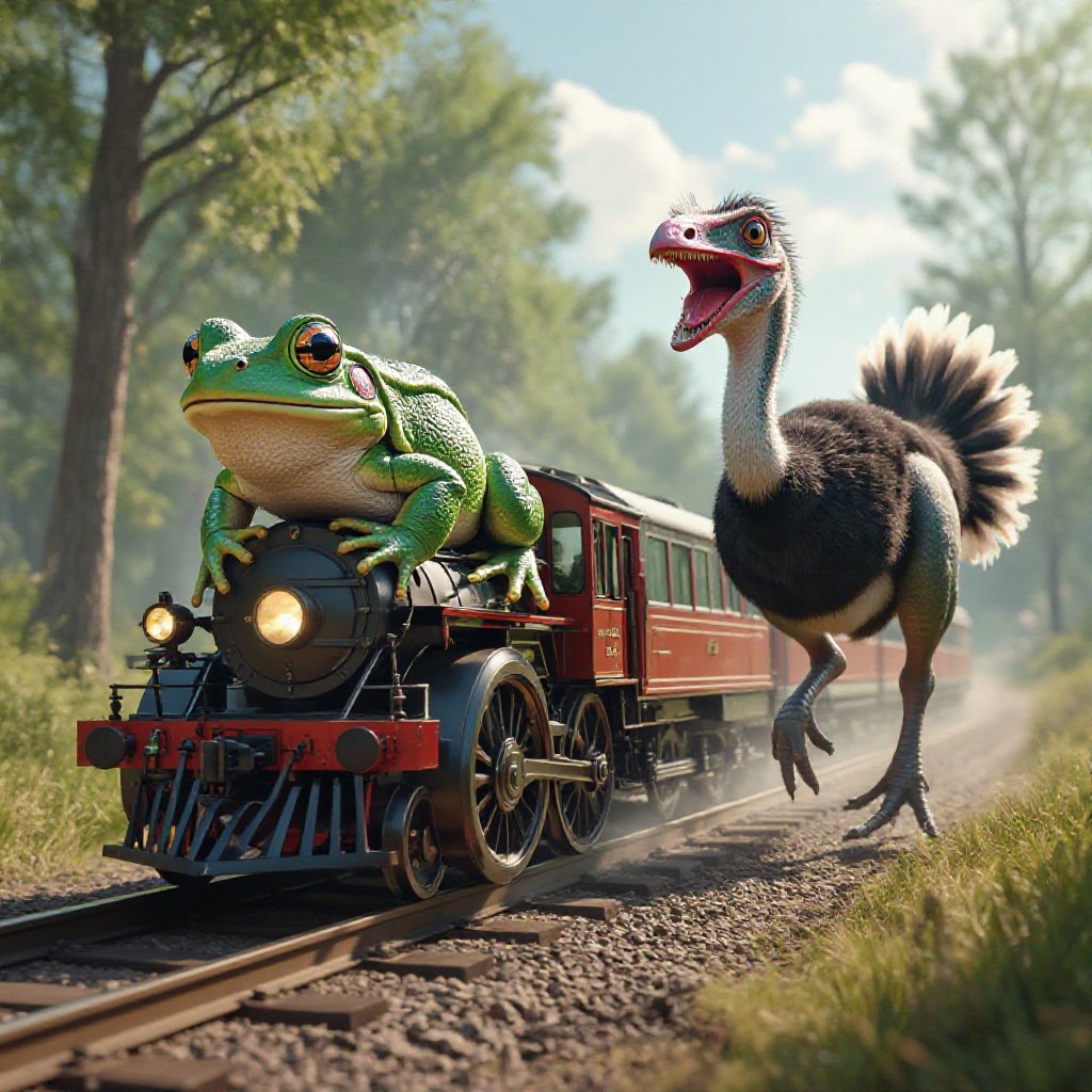 Una rana fusa con una ruota fuso con un t-rex fantasma fuso con lo struzzo treno futuristico usa ad un elefante fragola