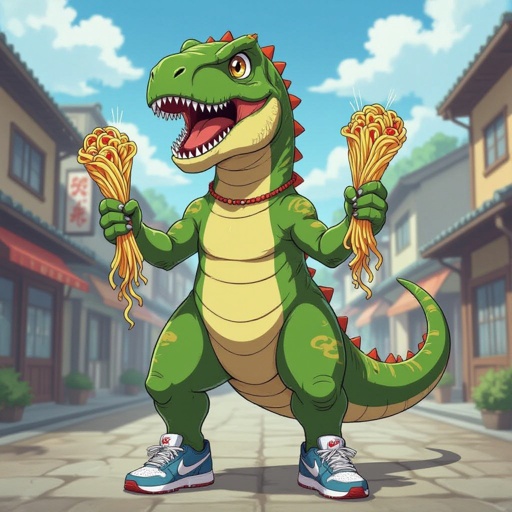 Un t-rex ninja con le ali fatte di pasta e scarpe Nike 