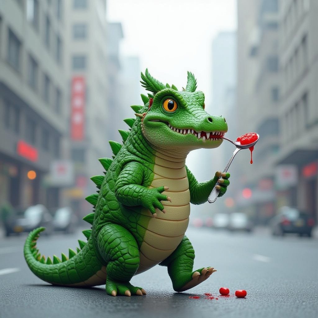 Crocodile with owl body with eat medicine in city