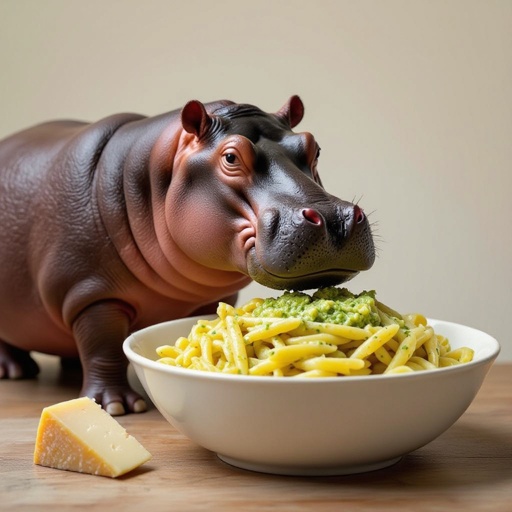 Un ippopotamo con il corpo di ciotola con dentro della pasta e pesto e ha un grana padano vicino