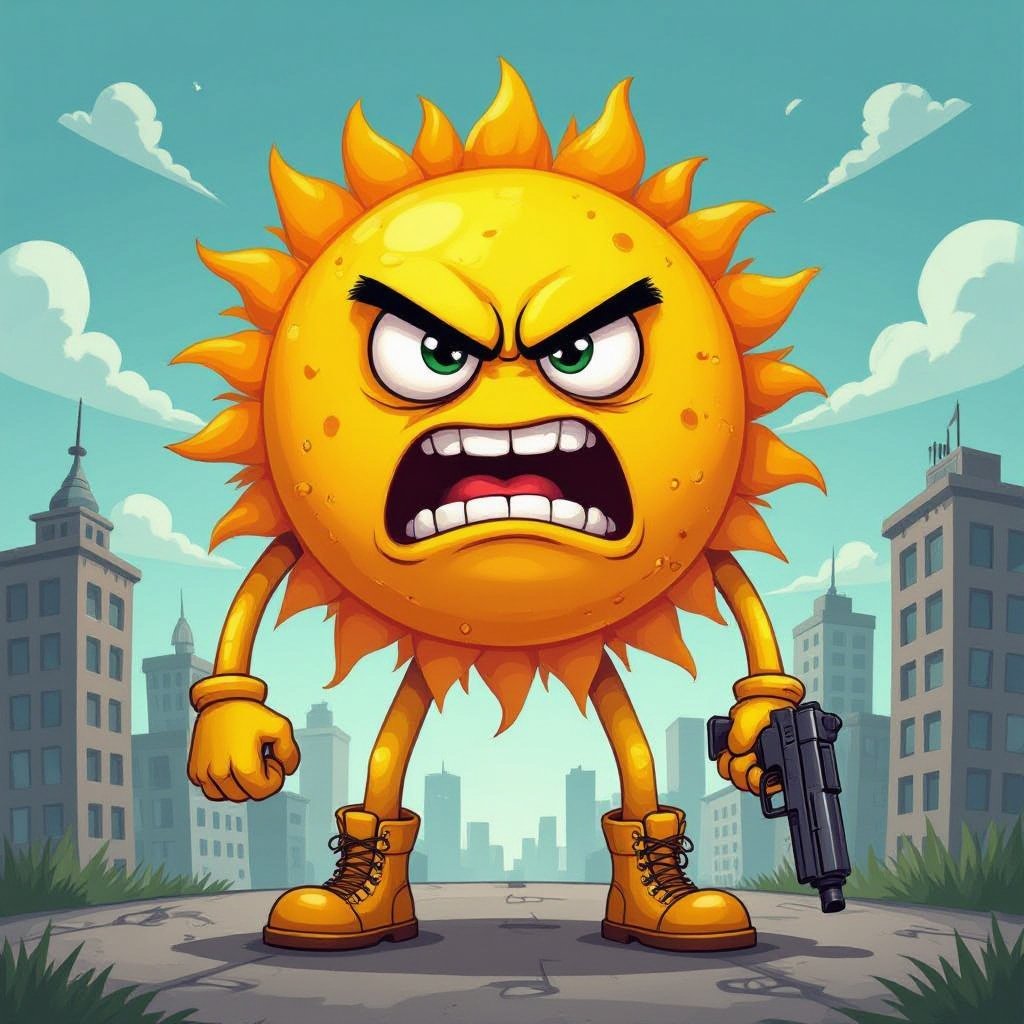 Sun angry human face 2 yellow arm 2 yellow leg with gun in city