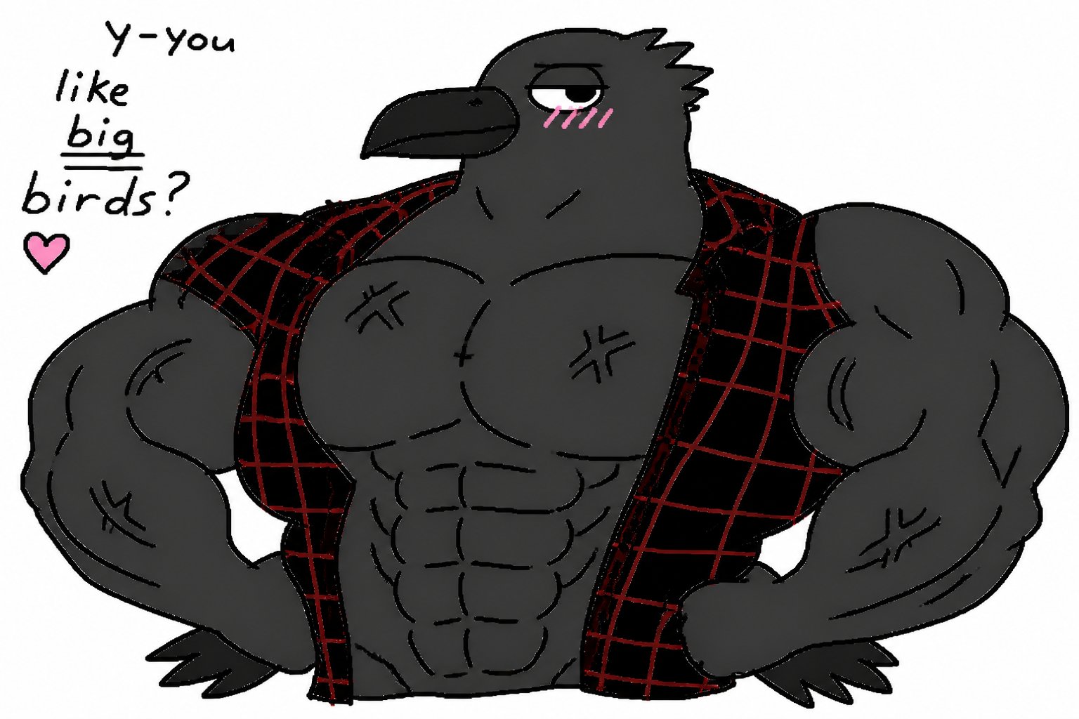 Cartoon muscular bird-like character wearing a black and red checkered vest.