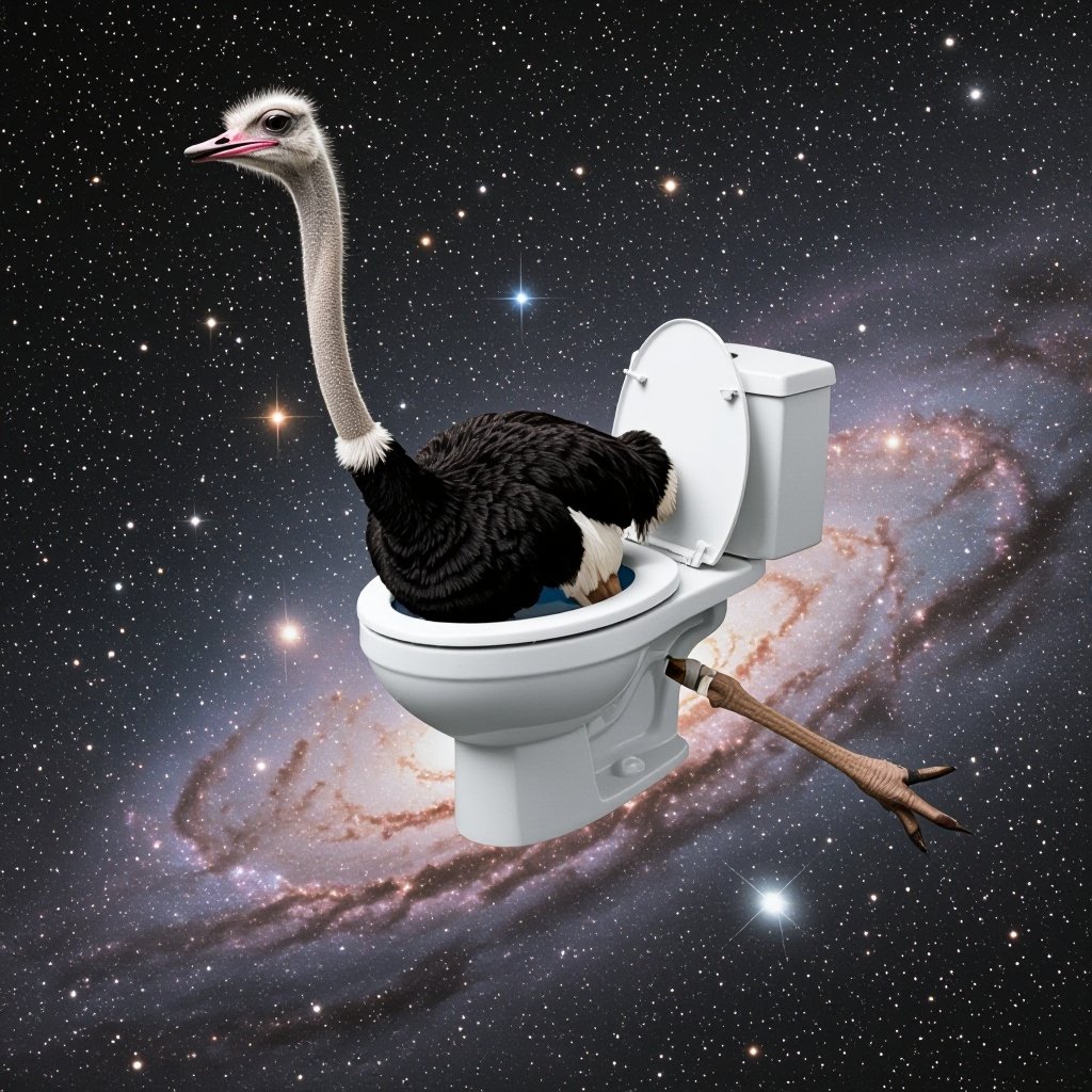 Ostrich with toilet body in space