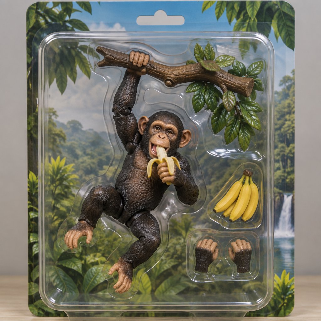 A cartoon monkey hangs from a branch beside bananas in a tropical scene.