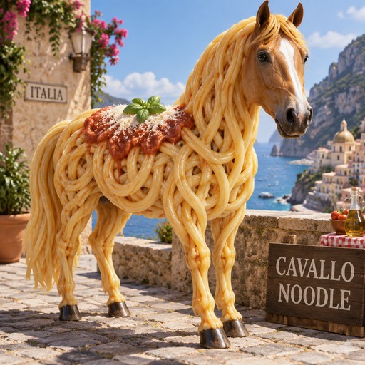 Surreal spaghetti-covered horse beside an Italian seaside sign, bright colorful digital art