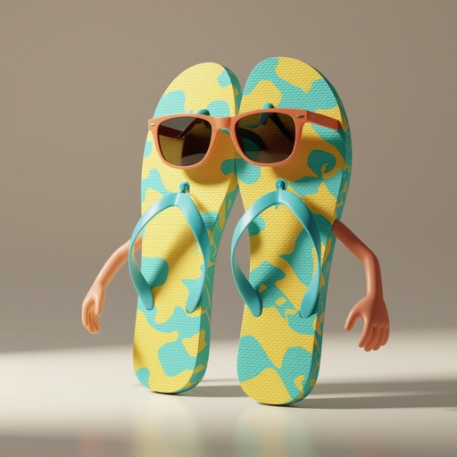Um chinelo com óculos escuro e com pernas e braços humanoides