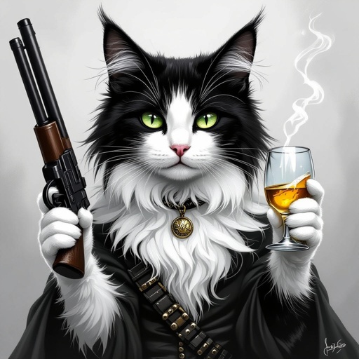Gatto bianco e nero con un fucile a pompa e che beve la vodka