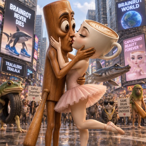 Cartoon wooden character kisses a dancing cup in a colorful surreal city scene.