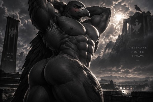 Monochrome muscular bird-like character posing dramatically against a stormy city skyline