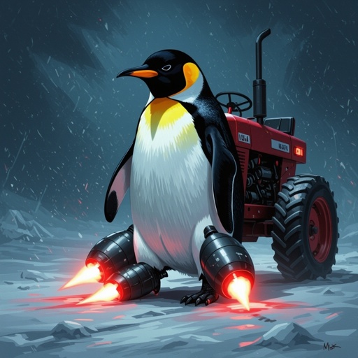 Un pinguino con delle bombe nucleari, al posto dei piedi e il corpo di un trattore