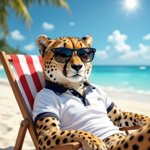 Ghepardo con occhiali da sole e polo in uno sdraio sole in spiaggia
