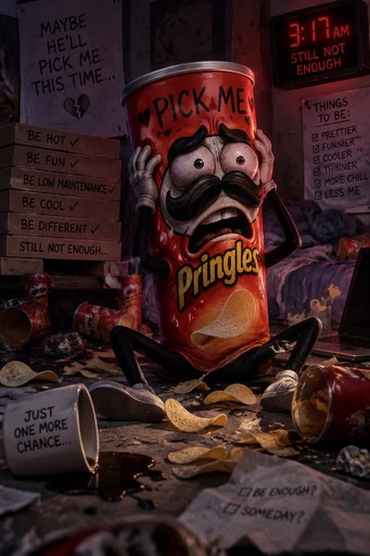 Surreal Pringles can with wide cartoon eyes amid scattered chips and dark handwritten notes