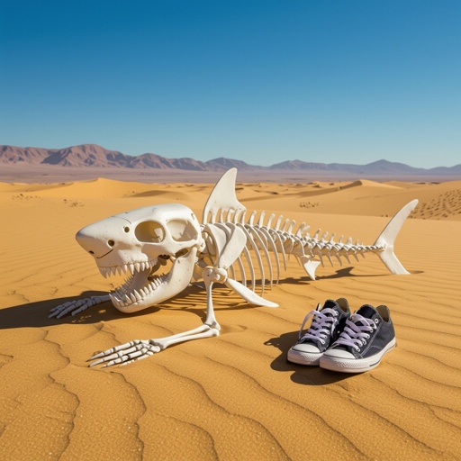 Skeleton shark with old shoes in desert