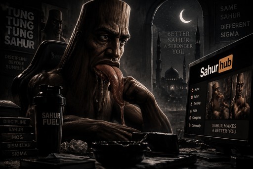Dark cinematic meme of a person with a long tongue beside a Sahur menu board.