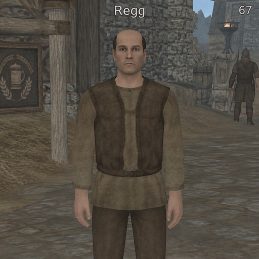 Pixelated medieval game character standing in a stone village courtyard, with HUD text.