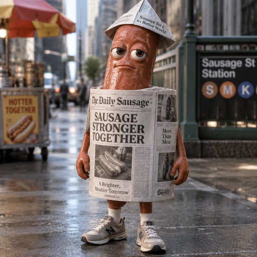 Anthropomorphic sausage wearing a newspaper costume on a rainy city street.