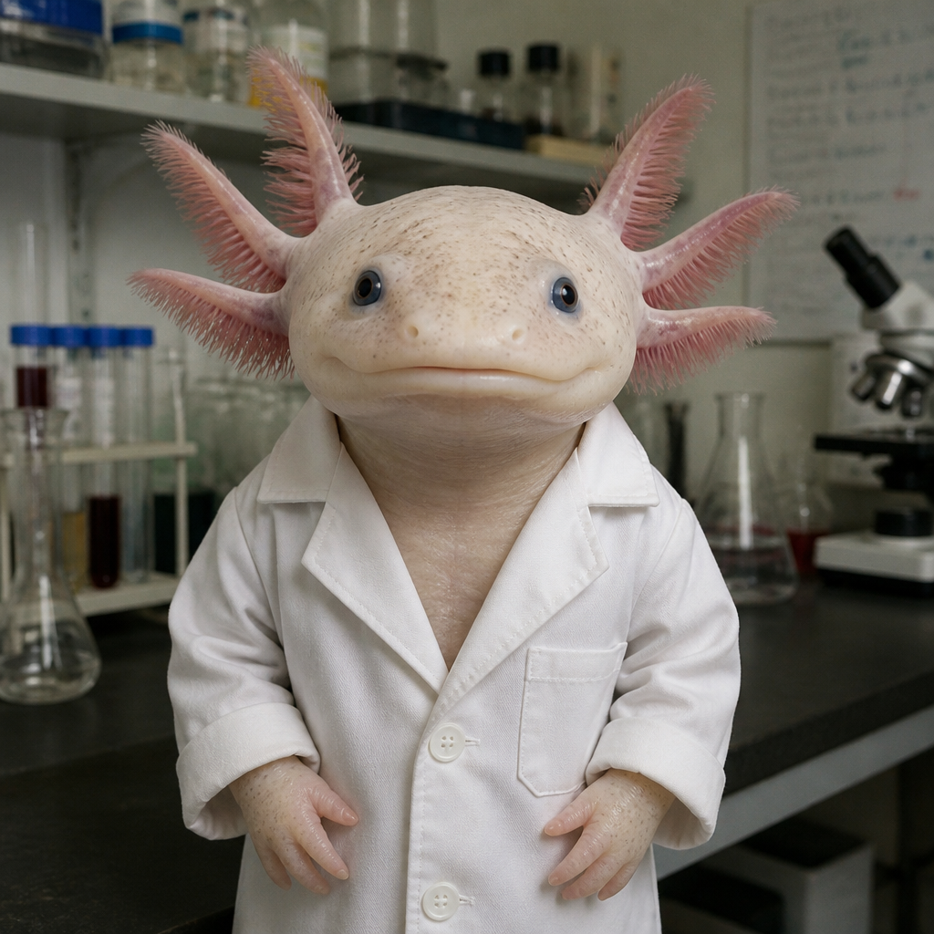 Make a axalotl that has a lab coat on and make it a boy