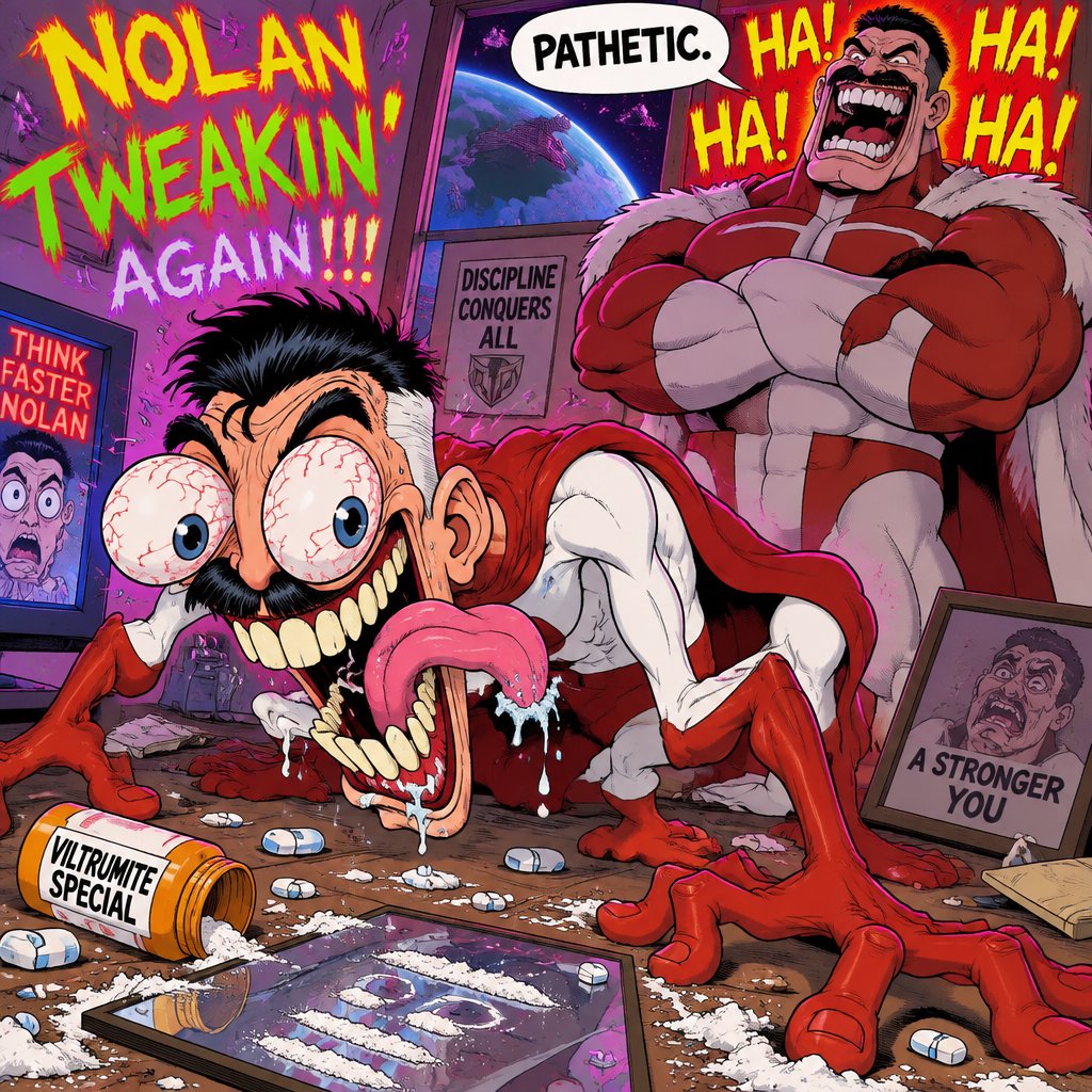 Colorful comic meme with exaggerated cartoon characters, red muscular figure, and bold text captions