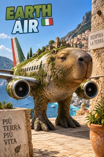 Cartoon elephant-bodied airplane beside Mediterranean water, with bold green text and Italian flags