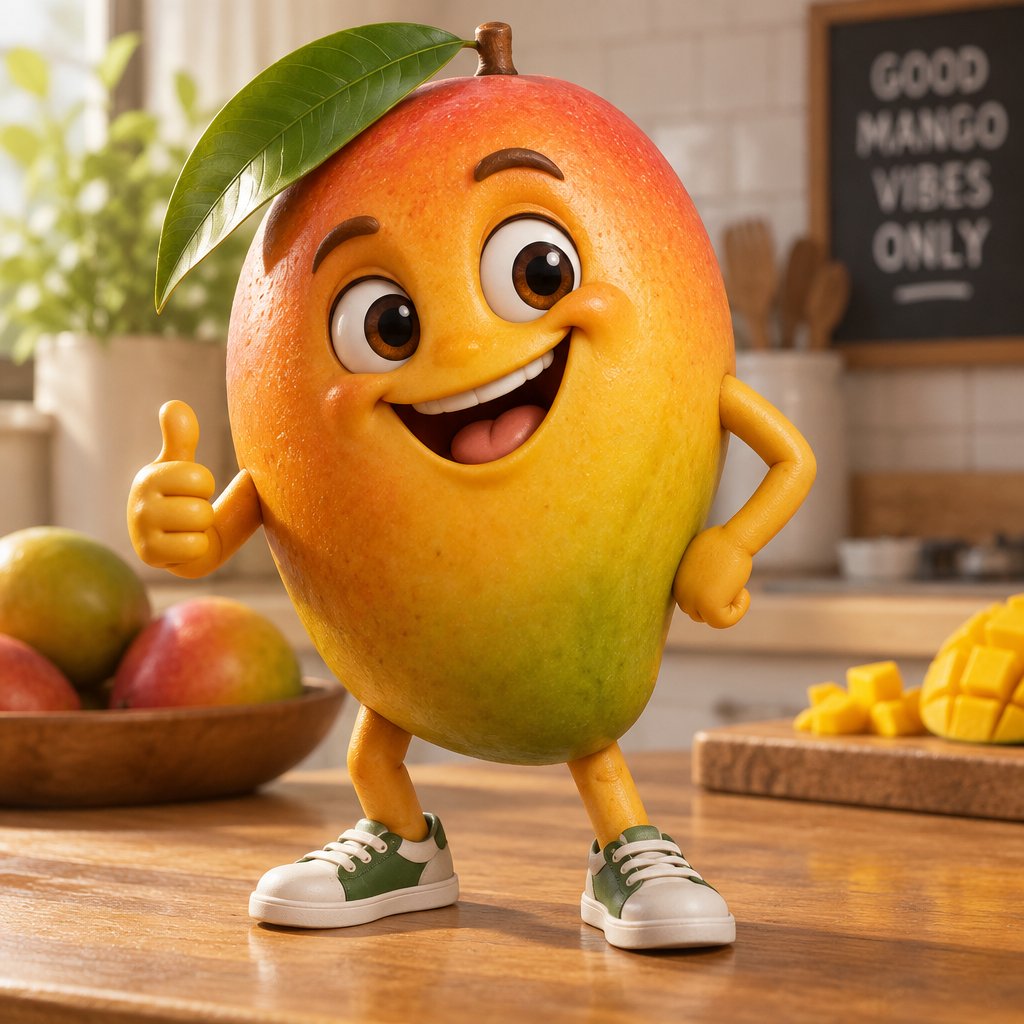 Cartoon mango dancing in a kitchen, giving a thumbs-up beside a computer monitor.
