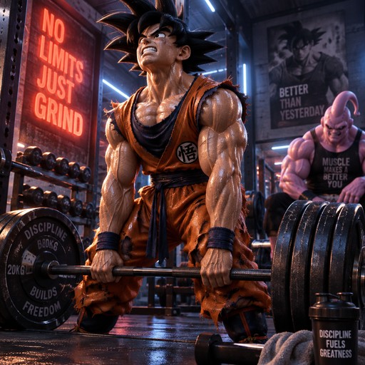Anime-style muscular character lifting a barbell in a neon-lit gym surrounded by motivational signs
