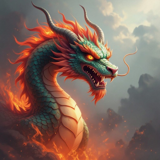 Un drago in fiamme con la testa di leone
