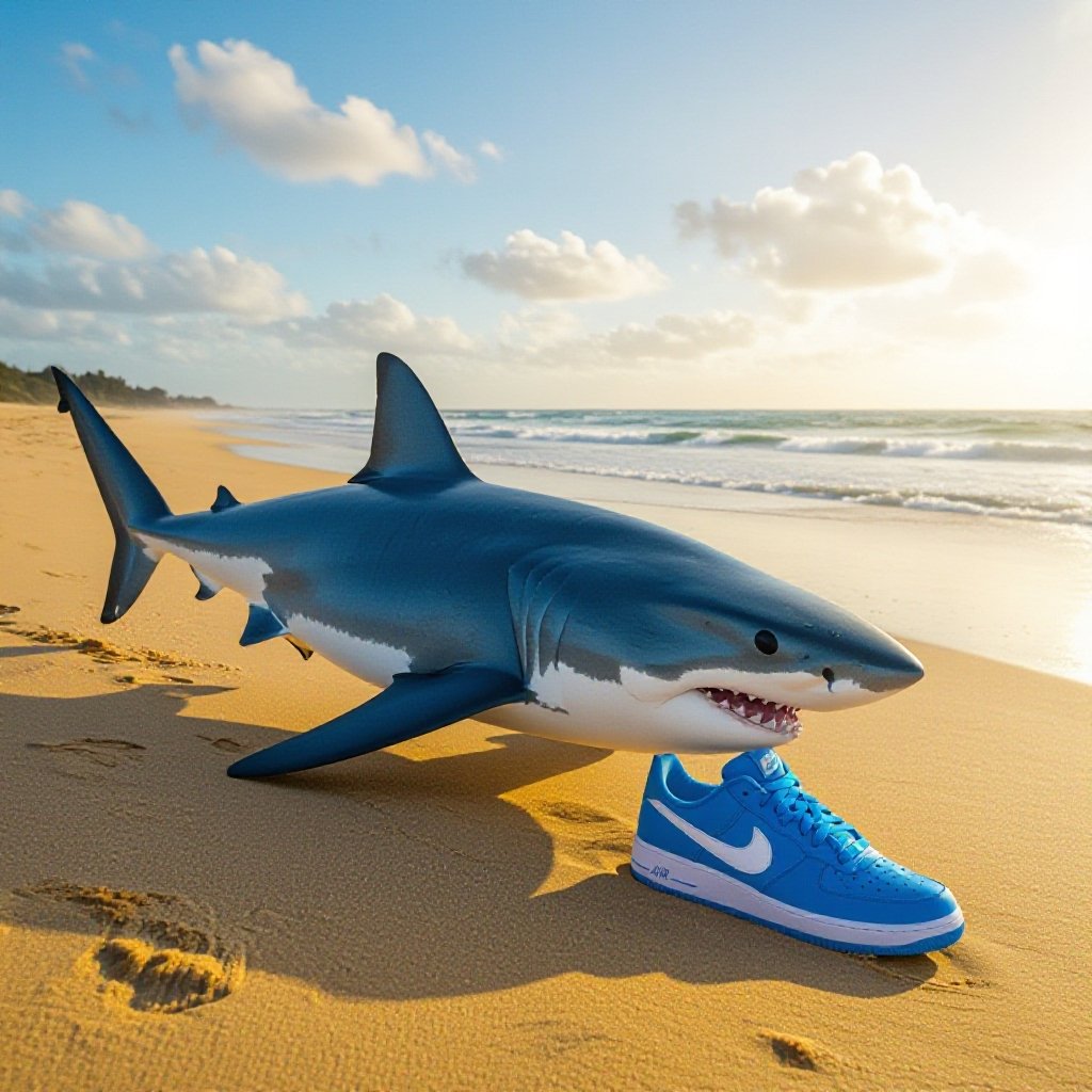A shark walking on the beach with blue nikes and his name is trallro tralla