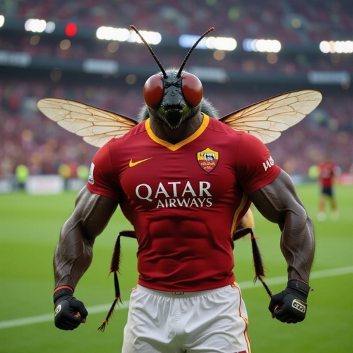 Una mosca muscolosa allo stadio con la maglia della Roma