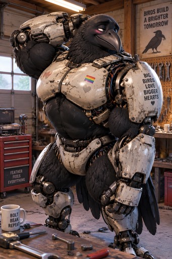 Armored bird-like robot standing in a workshop beside tools and equipment.