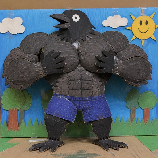 Cartoon crow-like character flexing in blue shorts against a colorful outdoor scene