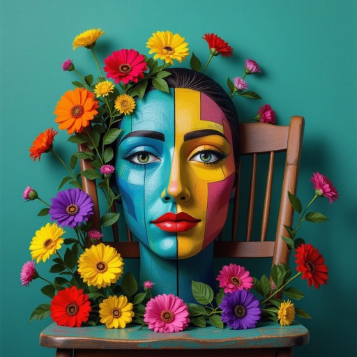 A face with a chair and flowers