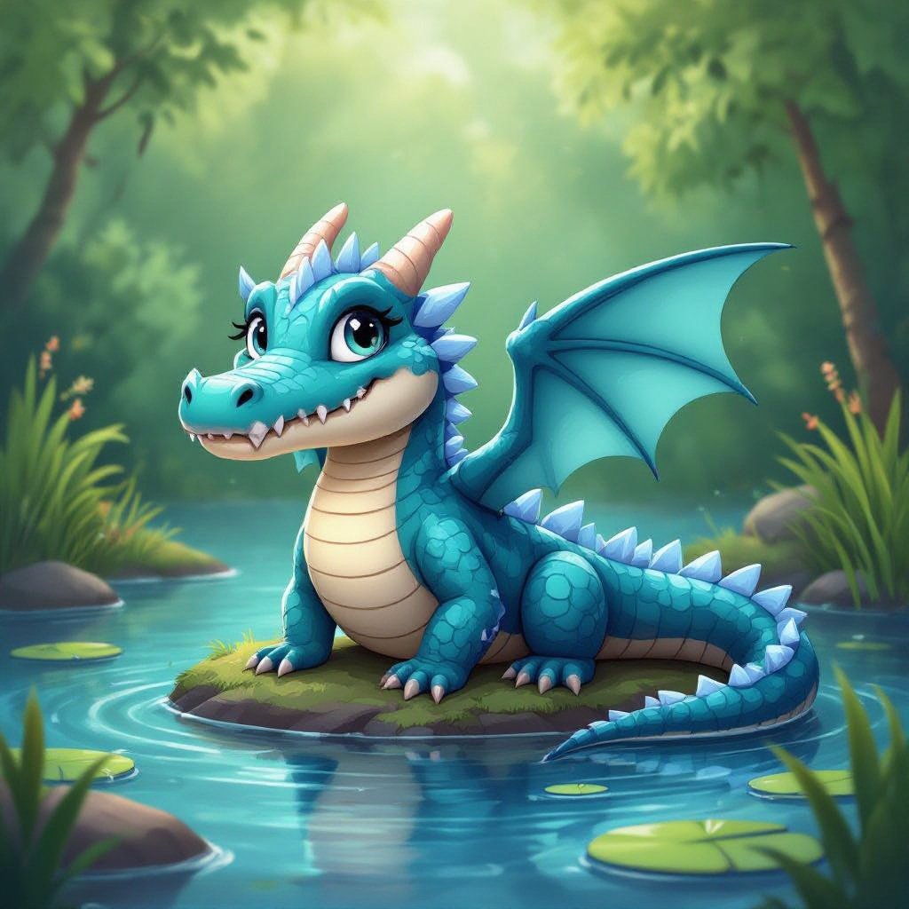 In uno stagno c’è un coccodrillo con le ali e scaglie di drago di colore blu e bianco 