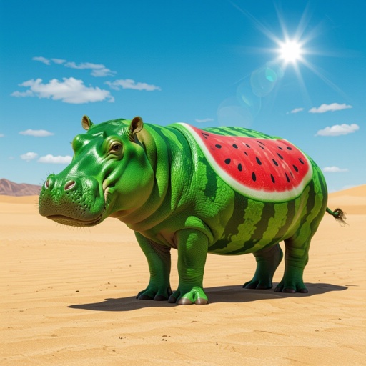 Green hippo with watermelon body in desert