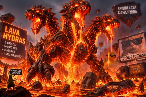 Fiery lava hydras erupt beneath dark signage in a dramatic fantasy game scene.