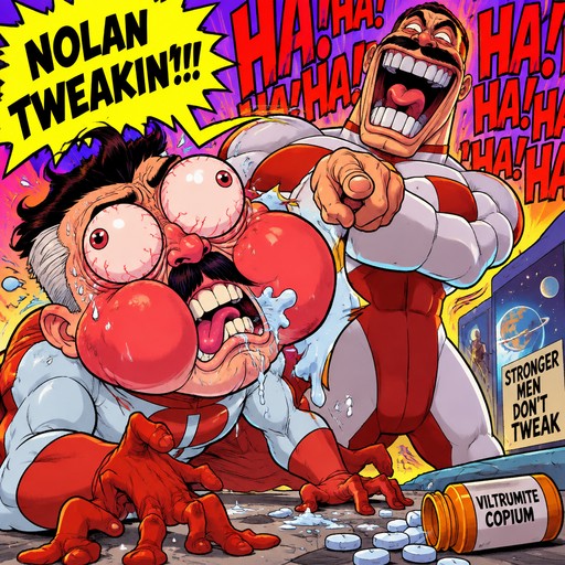 Colorful comic-style meme with exaggerated characters, shouting text, and scattered supplement bottles.